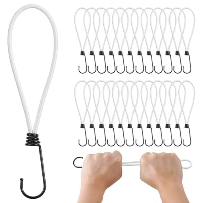 Immagine di PRETEX Bungee Cords with Hooks Set of 25pcs x 23cm (9&quot;) Universal Cord Straps and Fixings, Heavy Duty Bungees for Camping, Luggage &amp; Tarpaulin,White