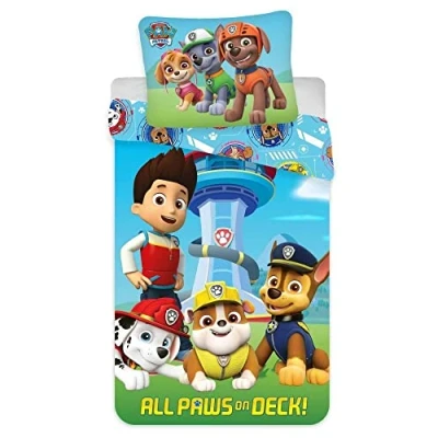 Immagine di Paw Patrol Biancheria da letto per bambini, 2 pezzi, copripiumino 100 x 135 cm + federa 40 60 cm, 100% cotone Öko Tex, Chase, Marshall, Rubble, Skye, Zuma e Rocky