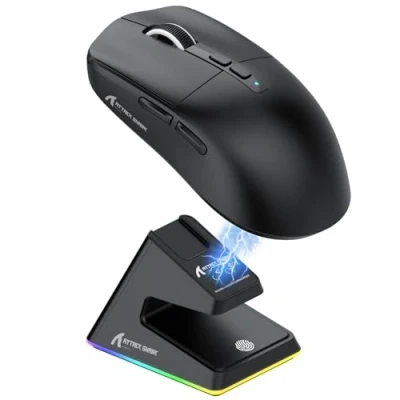 Immagine di ATTACK SHARK Mouse SUPERLEGGERO X6 49g con Dock di Ricarica Magnetico, Sensore da Gioco PixArt PAW3395, Wireless/Cablato BT/2.4G, 26000 DPI, Ufficio Aggiornato X3 (Nero)