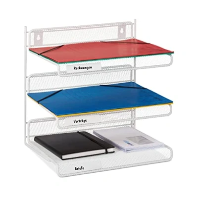 Immagine di Relaxdays Organizer Portadocumenti in Acciaio, 3 Vaschette, Portalettere A4, da Parete HLP: 32 x 33 24,5 cm, Bianco