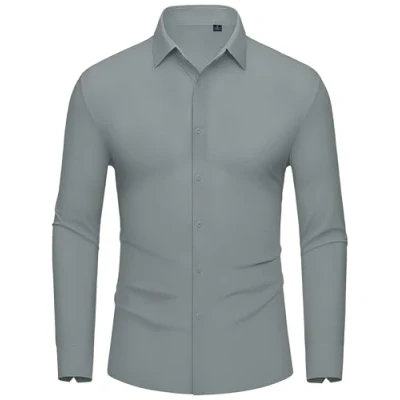 Immagine di DEMEANOR Camicia elasticizzata da uomo a maniche lunghe, lavoro, uomo, slim fit, senza stiratura, per il tempo libero, alla moda, grigio medio, XXL