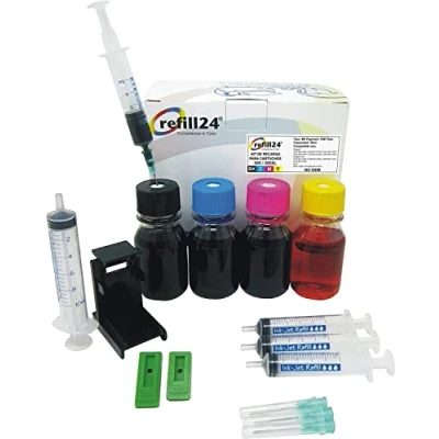 Immagine di refill24 Kit di ricarica Compatibile per cartucce d&#039;inchiostro HP 305, 305 XL,307 XL Nero e Colore, Inchiostro Include Clip Accessori + 200 ML