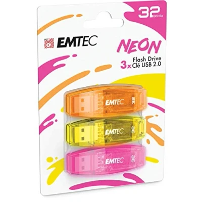 Immagine di EMTEC Chiavetta USB 2.0 C410, memoria flash drive da 32 GB, lettura 5 Mb/S, scrittura 15 compatibile con 2.0, 3.0, trasparente neon fluorescente cappuccio, confezione 3