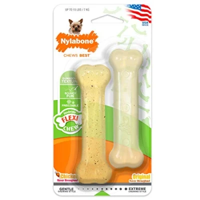 Immagine di Nylabone Masticabile Moderate Chew Confezione doppia a forma di osso Gusto pollo e manzo Per cani taglia molto piccola (fino 7 kg) mascelle moderate/delicate