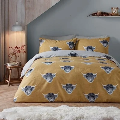 Immagine di Fusion Snug Set copripiumino per letto singolo, motivo mucca delle Highland, spazzolato, colore: ocra