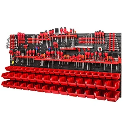 Immagine di Scaffalatura da officina, 1728 x 780 mm, sistema di conservazione con supporti per attrezzi e scatole impilabili, pannelli parete, scaffale extra robusto officine (rosso)