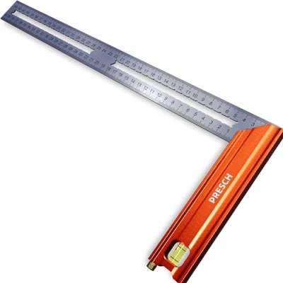 Immagine di Presch Squadra da falegname 400mm Grande Include calibro di marcatura antiruggine (40cm), livella a bolla e punta 90 45 falegnameria, carpentiere
