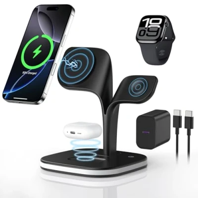 Immagine di HJCE Caricabatterie Senza Fili con Mag Safe, 3 in 1 Stazione Di Ricarica per Apple Inductive Wireless Charger iPhone 16 15 14 13 12, Watch 10/9/8/7/6/SE/5/4/3/, AirPods 4/3/2/Pro