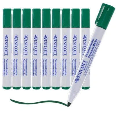Immagine di Westcott Pennarelli indelebili 10 pezzi verde impermeabili Punta rotonda da 1,5 3,0 mm Ricaricabili, resistenti alla luce, asciugatura rapida, a prova di sbavature E 713008 00