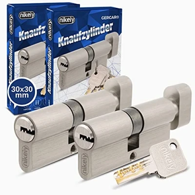 Immagine di GERCAR Pro Cilindro con pomello, 30/30, chiave unica, in ottone nichelato opaco, incluse 10 chiavi reversibili, lunghezza: 60 mm, A:30 B:30, set da 2 pezzi