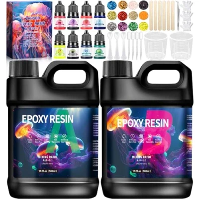 Immagine di ZHHGOO Resina Epossidica Trasparente, 1016ml Epossidica, 1:1 Colla Epoxy con Indurente, Kit Completo Glitter, per Creazione Gioielli Fai da Te