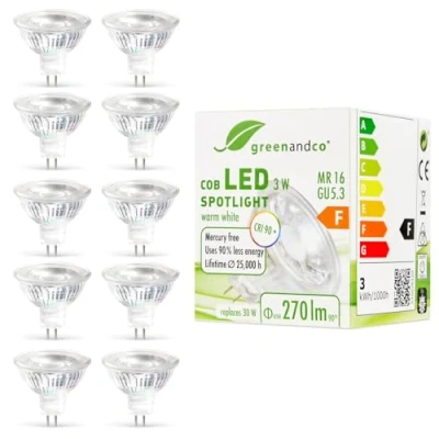 Immagine di greenandco 10x Faretto a LED MR16 GU5.3, 3W 300lm 2700K (bianco caldo) COB 38 12V AC/DC, non dimmerabile