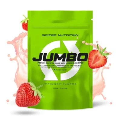 Immagine di Scitec Nutrition Jumbo Integratore di peso ad alto contenuto calorico con proteine multicomponenti matrice aminoacidi metabolica miscela superalimenti, 1,32 kg, Fragola