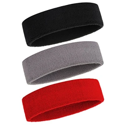 Immagine di ONUPGO Fascia per il sudore uomini e donne, 3 fasce sportive capelli, traspirante, in spugna di cotone, assorbe sudore, nero/grigio/rosso
