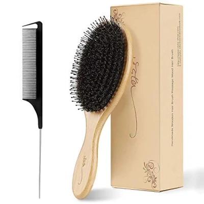 Immagine di Spazzola Setole Cinghiale Naturale con Manico in Bambù per Capelli Professionale e Pettine a Coda di Metallo Spessore Normale o Medio, Massaggiare il Cuoio Capelluto