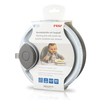 Immagine di reer piatto caldo con ventosa, antiscivolo per bambini stoviglie imparare a mangiare mantiene i pasti caldi più lungo lavabile in lavastoviglie grigio/bianco