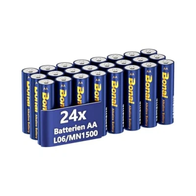 Immagine di BONAI Longlife Batterie alcaline AA (24 pezzi) 1,5 V Mignon LR06, potenti, ideali per sveglia, termometro, lampade decorative e altri dispositivi con elevato fabbisogno energetico
