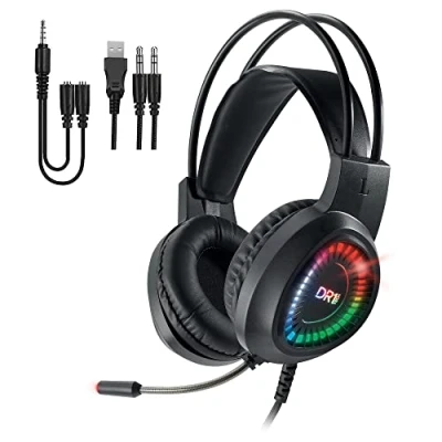 Immagine di DR1TECH FireScout Cuffie da Gaming LED con Filo e Microfono per PC Over Ear Driver 40mm Audio Stereo USB Doppio Jack + Adattatore incluso [Amazon Exclusive]