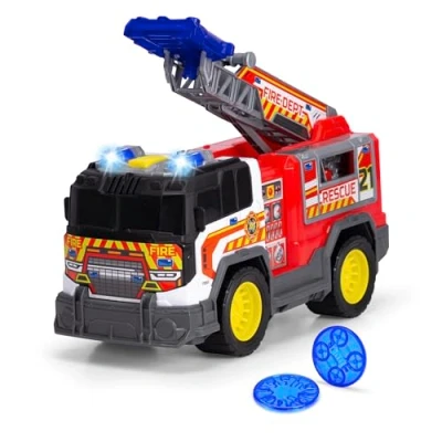 Immagine di Dickie Toys Fire Rescue Unit (30 cm) Grande camion dei pompieri a partire dai 3 anni con funzione di tiro e scala, giocattolo per bambini luce suono, batterie incluse