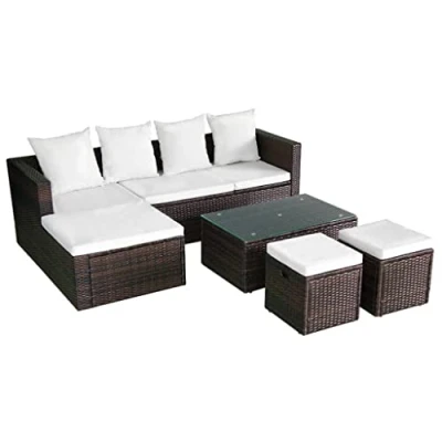 Immagine di vidaXL Set Divani da Giardino 4 pz Elegante Comodo Robusto Sofa con Tavolino Sedie Poggiapiedi Cuscini Ecologico in Polyrattan Marrone