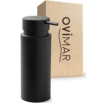 Immagine di ovimar dispenser di sapone Haja nero opaco acciaio inox a libera installazione senza foratura con apertura extra large facile da riempire per il bagno o la cucina
