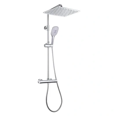 Immagine di Görbach Colonna Doccia con Rubinetto Termostato Fori Muro Regolabili, Cromo Asta Acciaio Inox Set a Pioggia Miscelatore Doccetta e Soffione 35 * 25 cm
