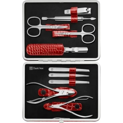 Immagine di ZWILLING set manicure (10 pezzi, completo per unghie di mani e piedi, custodia in vera pelle con struttura metallo), acciaio inox lucido, edizione coccodrillo, rosso