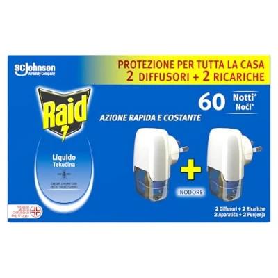 Immagine di Raid Liquido Elettrico Antizanzare Comuni e Tigre, Inodore, Formato Convenienza, Confezione da 2 Diffusori Ricariche, 60 Notti