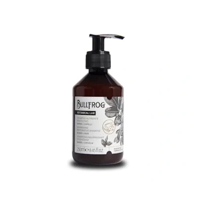 Immagine di Bullfrog Shampoo nutriente restitutivo 250ml per capelli e barba Proprietà lenitive rivitalizzanti Note dolci golose Made in Italy