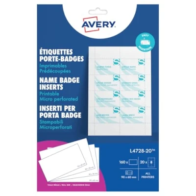 Immagine di Avery Inserti Badge microperforés Stampa Laser, a getto d&#039; inchiostro bianco 60 x 90