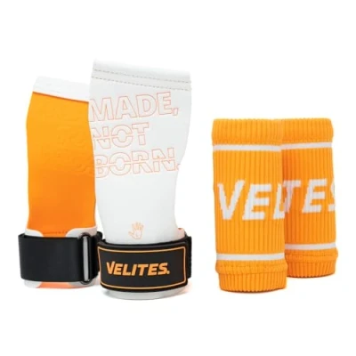 Immagine di Velites I Quad PRO Orange Impugnature Professionali per Cross Training o Ginnastica, Adatte a Tutte Le superfici, utilizzo con magnesio, polsiere in Tessuto
