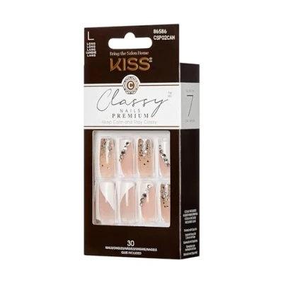 Immagine di KISS Classy Nails Premium Gorgeous, set per manicure, lunga lunghezza, caffè, unghie finte di alta qualità, con colla unghie, mini lima, bastoncini manicure e 30