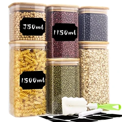 Immagine di Withosent Set di 6 barattoli in vetro, 750 ml/1150 ml/1500 ml, con coperchio, rettangolare, grande contenitore vetro coperchio legno, per pasta, cereali, fagioli