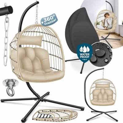 Immagine di KESSER® Sedia sospesa Jungle con Struttura in Acciaio a Cestino incl. Grande Cuscino + Supporto per la Coperta Interni Poltrona Esterni
