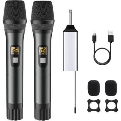 Immagine di DigitConvert Microfono senza fili,set di microfoni wireless UHF Dual 60m,microfono a mano dinamico con ricevitore ricaricabile per sistema PA,karaoke,feste