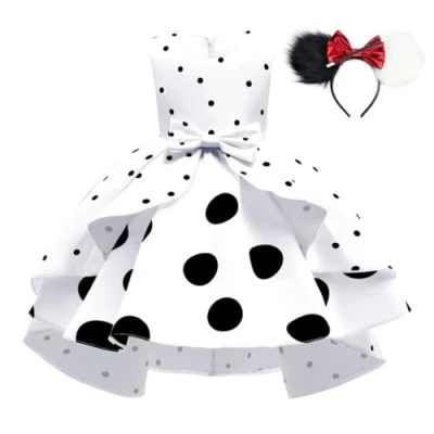 Immagine di Lito Angels Vestito Costume da Dalmata Crudelia con Cerchietto Abito Festa di Compleanno a Pois Bianco e Nero per Bambina Taglia 2 3 anni (Etichetta in Tessuto 100)