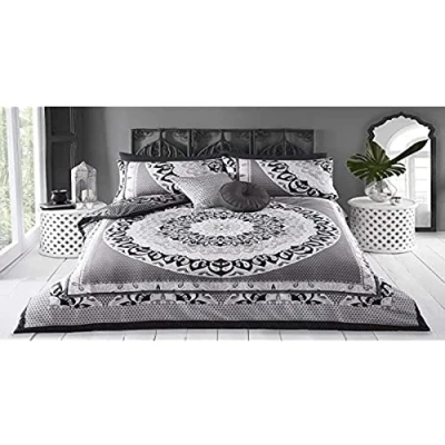Immagine di Sleepdown Set con copripiumino, motivo cachemire mandala geometrico, astratto reversibile, facile da pulire, morbido e comodo, federa, nero grigio, per letto singolo (135 x 220 cm)