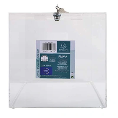 Immagine di Exacompta Cod. 89158D 1 Urna trasparente con coperchio chiudendo a chiave 25cm Dimensioni 250x250 x 250 PMMA (acrilico) di alta qualità e trasparenza 5 anni Colore Cristallo