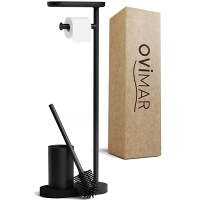 Immagine di ovimar Set da toilette in piedi 3 1 Tysnes nero con spazzola silicone, portarotolo e porta smartphone Molto salvaspazio organizzatore per il bagno acciaio inox