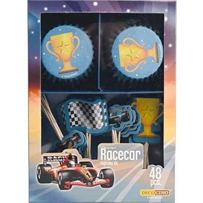 Immagine di DECOCINO Racecar Set per muffin, 48 pezzi, 24 pirottini cupcake con diametro di 5 cm e topper muffin in carta, decorazione ideale compleanni feste a tema
