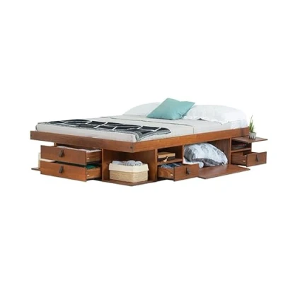 Immagine di Memomad Letto Funzionale Bali Molto Spazio di stoccaggio e cassetti, Ideale per Le Piccole camere da Legno massello Design Esclusivo Prezzo incl. Rete a doghe 140x200cm Caramello