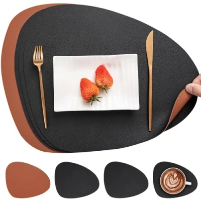 Immagine di Myir JUN Tovagliette in Pelle e Sottobicchieri, Set Americana Plastica Lavabili Bifacciale Non scivolose Impermeabile Triangolari (Set di 4, Nero Marrone)