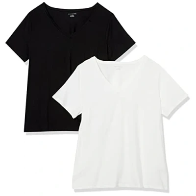 Immagine di Amazon Essentials T Shirt a Maniche Corte con Scollo V, Taglie Forti Donna, Pacco da 2, Bianco/Nero, 4XL Plus