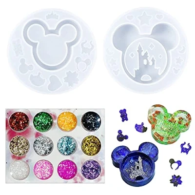 Immagine di Cayway Stampi in Silicone per Resina, 2 Pz Testa di Topo Stampo Resina A Forma Castello con 12 Colore Paillettes Decorazioni Gioielli, Ciondolo Appeso Portachiavi Fai Da Te