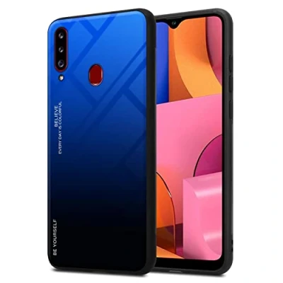 Immagine di Cadorabo Custodia compatibile con Samsung Galaxy A20s in BLU NERO Coperchio protettivo bicolore silicone TPU e retro vetro temperato