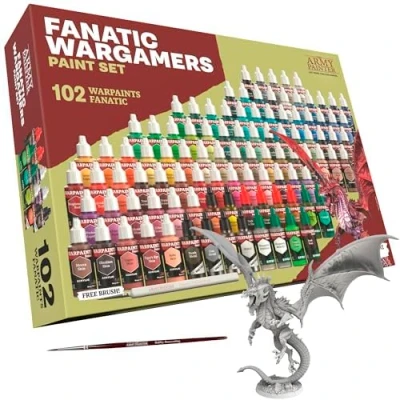 Immagine di The Army Painter, Warpaints Fanatic Wargamers Set Combo, 102 x 18 ml colori acrilici, inclusi metallici, lavature, effetti, 2 pennelli e 1 miniatura pittura per miniature D&amp;D Warhammer.