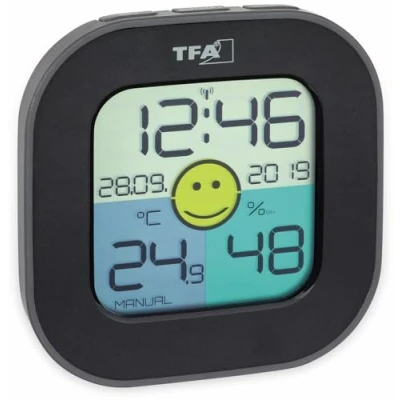 Immagine di TFA Dostmann Termoigrometro digitale FUN, con orologio radio data, indicatore di zona comfort Smiley, per controllo climatico, nero, L 88 x 19 (44) H mm