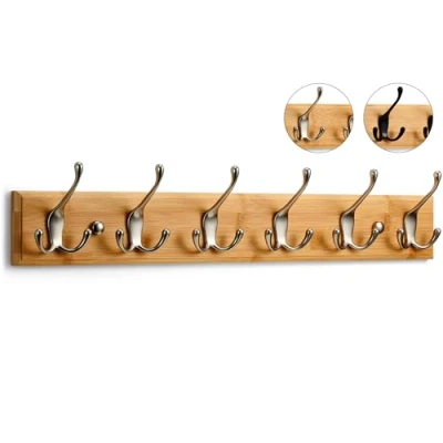 Immagine di LARHN Appendiabiti da Parete 6 Ganci Tripli in Nichel Opaco per su Elegante Base Legno di Bambù Attaccapanni Muro 59 cm
