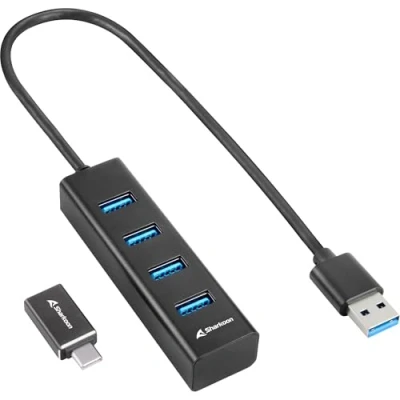 Immagine di Sharkoon Hub USB 3.2 GEN 1 in alluminio, adattatore Ethernet RJ45, nero