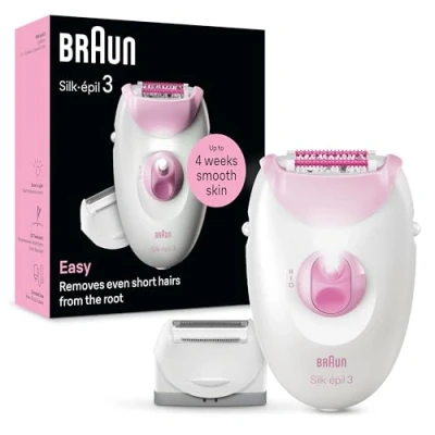 Immagine di Braun Silk épil 3 Depilatore Donna, Epilatore Elettrico Donna Con Cavo Per Epilazione, Pelle Liscia Settimane, Testina Rasoio e Cappuccio Rifinitore, Rosa